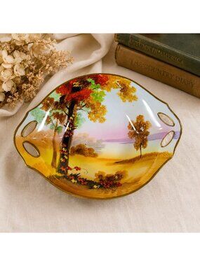 Antique Nippon Autumn Landscape Pierced Porcelain Bowl Candy Dish Hand Painted